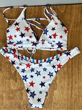 SHEIN Reversible White Red Blue Star Print Strappy Bikini